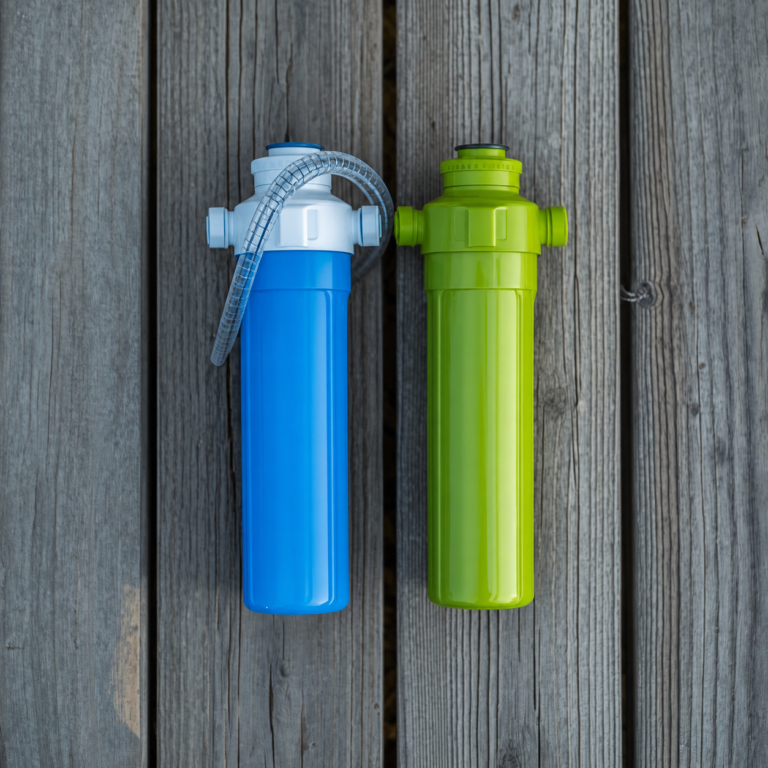 Camco TastePURE blue and Clear2O green RV inline water filters side by side on weathered wood