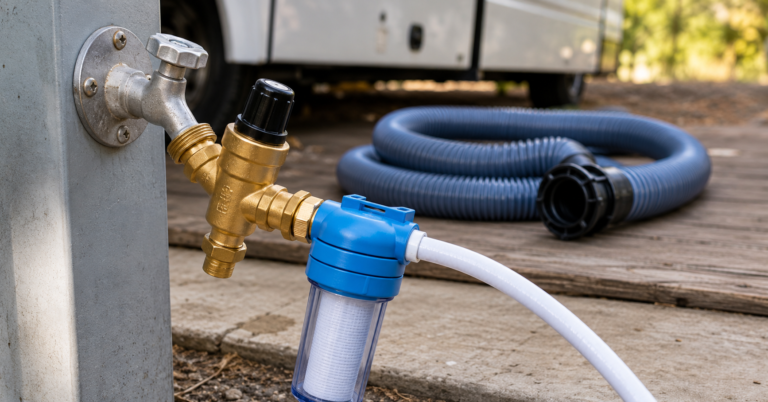 RV water and sanitation gear setup — pressure regulator and inline water filter connected at campground spigot with sewer hose in background