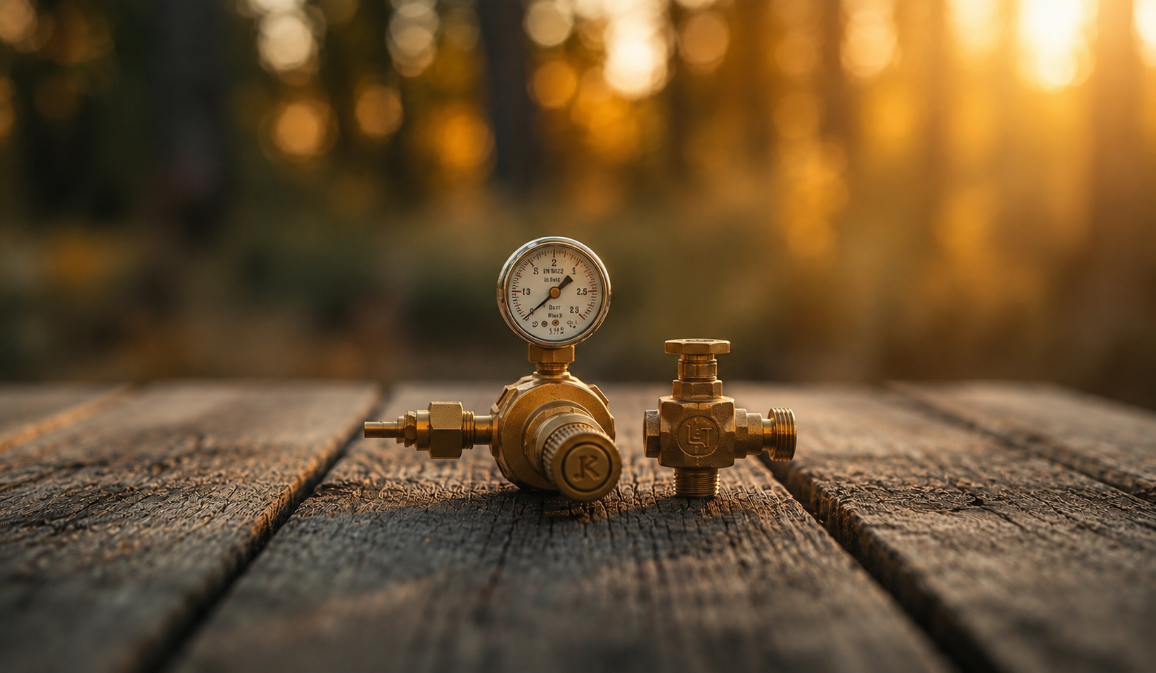 Renator M11 vs Camco 40055 brass RV water pressure regulators on weathered wood