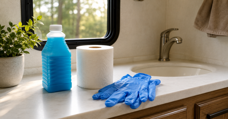 Camco TST Orange vs Blue RV holding tank treatment bottles on RV bathroom countertop