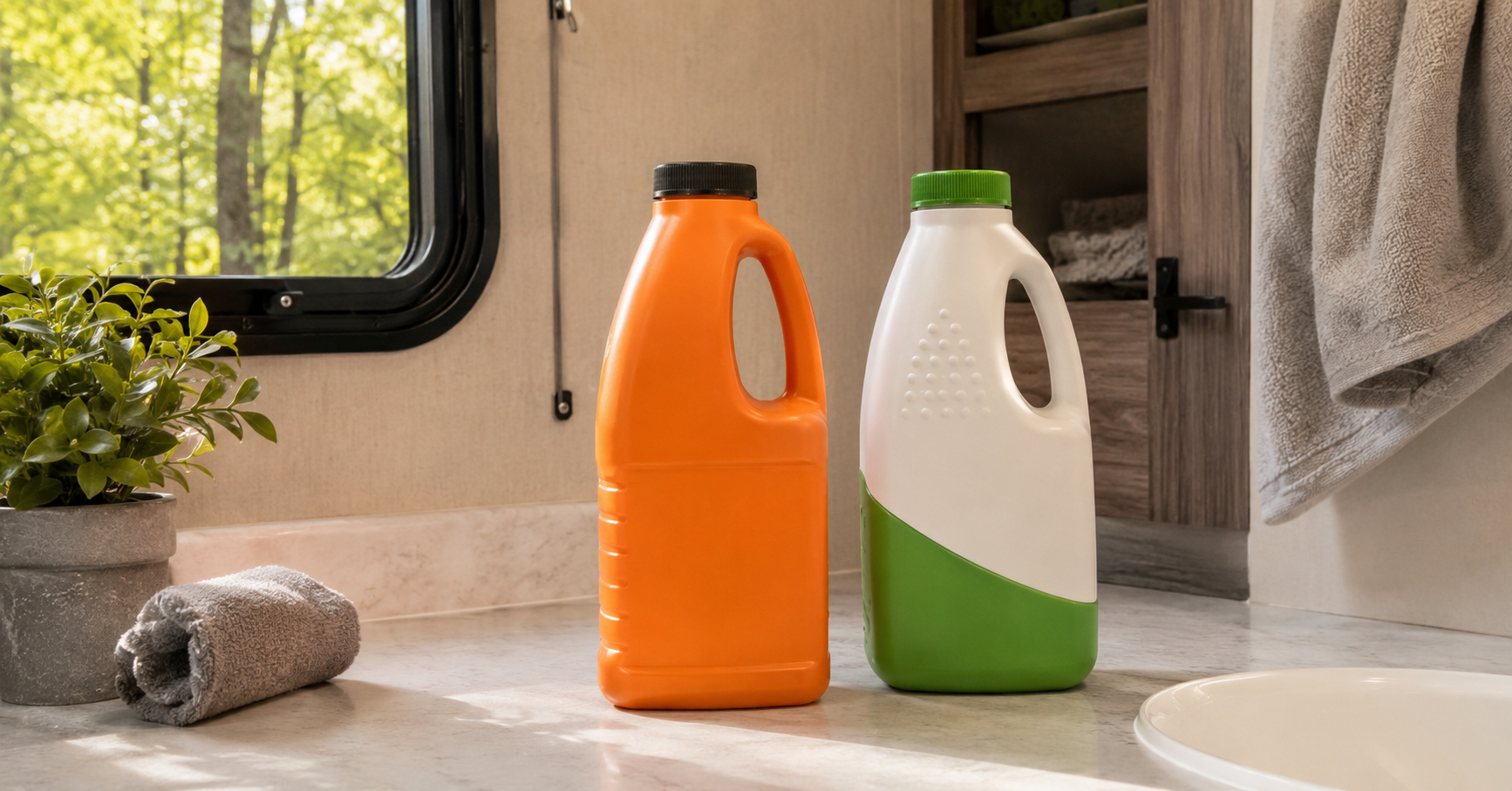 Camco TST MAX vs Thetford AquaMax RV holding tank treatment bottles on RV bathroom countertop