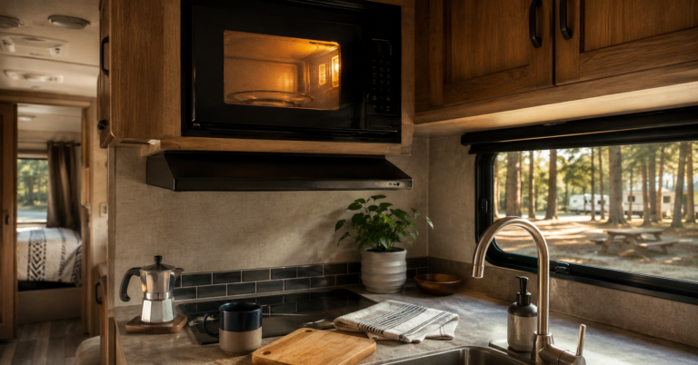 RV kitchen with mounted microwave running, campground and trees visible through window