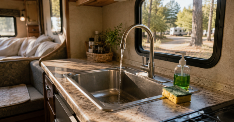 RV kitchen sink with running water and dish soap inside compact motorhome, campground visible through window