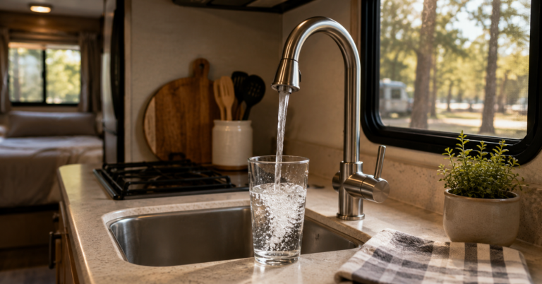 RV kitchen faucet filling a glass with water, campground and trees visible through window