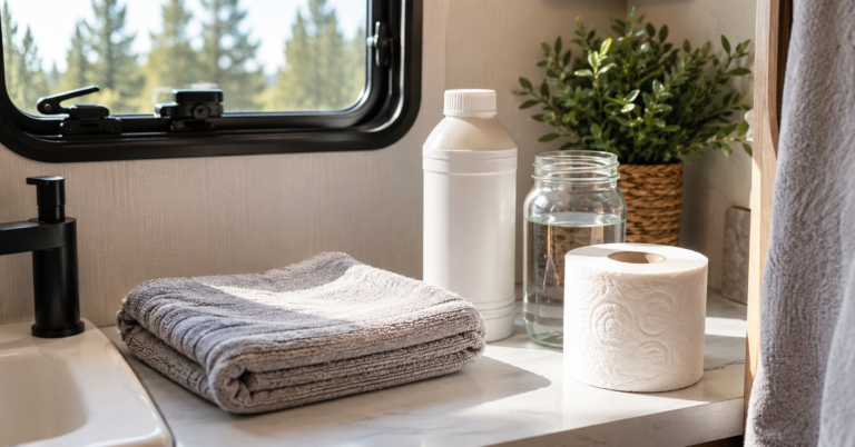 Complete RV black tank maintenance kit on RV bathroom countertop including tank treatment, toilet paper and jar test