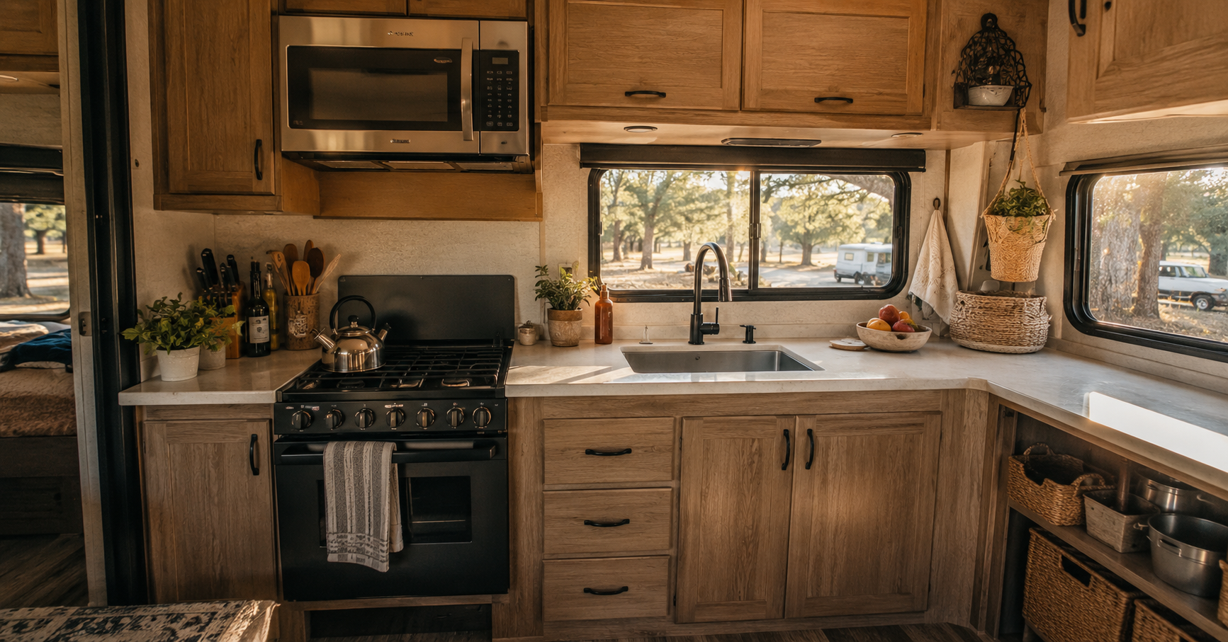 Complete RV kitchen interior showing stove, sink, and microwave inside a motorhome with campground visible through windows