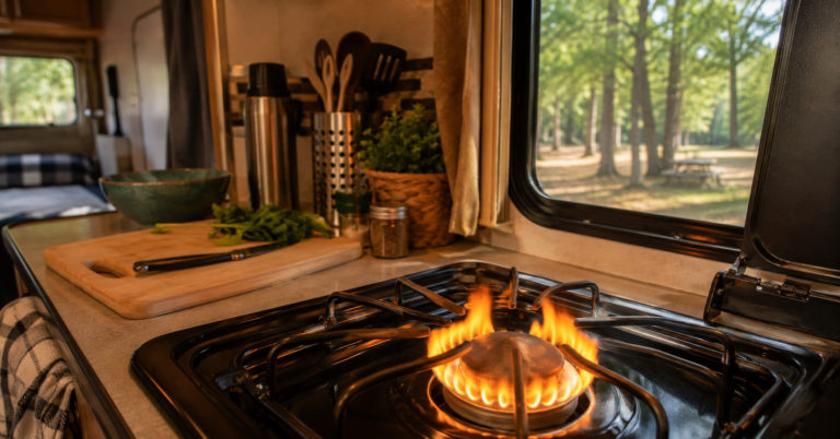 RV propane stove burner with yellow flame inside compact RV kitchen with campground visible through window