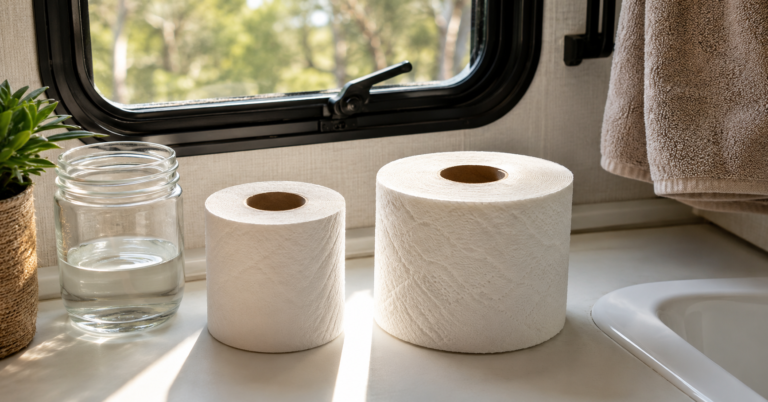 Single-ply RV toilet paper roll vs regular household toilet paper roll on RV bathroom countertop with jar test